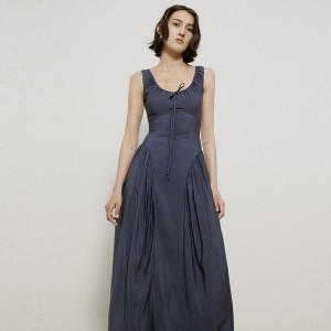 मिस्टी ब्लू भिन्टेज लेस अप सुरुचिपूर्ण डिजाइन लामो पोशाक
