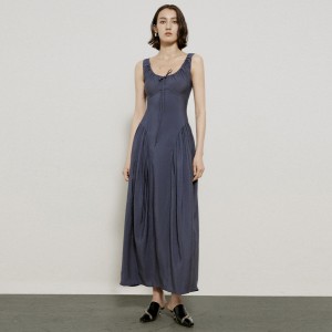 Misty Blue Vintage Lace Up Elegant Design Long Dress