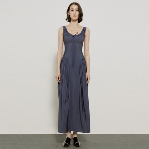 मिस्टी ब्लू भिन्टेज लेस अप सुरुचिपूर्ण डिजाइन लामो पोशाक