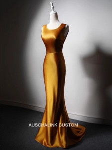 Auksinės spalvos atlasinio šilko ODM vakarėlio aprangos Maxi suknelės tiekėjas