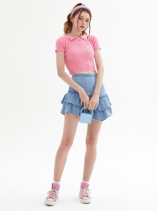 T-Shirt Polo Bersulam Atasan Pink Knit