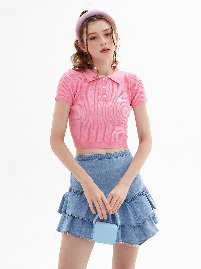 Pink knit Top Embroidered Polo kaos oblong