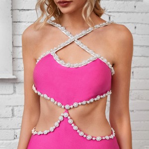 ပန်းရောင် Luxury Pearl Sexy Crossover Neckline Halter Dress