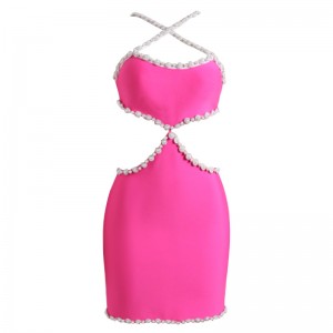 Pink Luxury Pearl Sexy Crossover Neckline Halter Dress