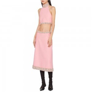 Ružičasta suknja, dvodijelna ljetna večernja haljina bez leđa