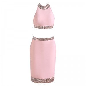 गुलाबी स्कर्ट शीर्ष दुई टुक्रा समर ब्याकलेस साँझ पोशाक