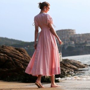 Ružičasta tencel lanena široka maksi haljina s V-izrezom