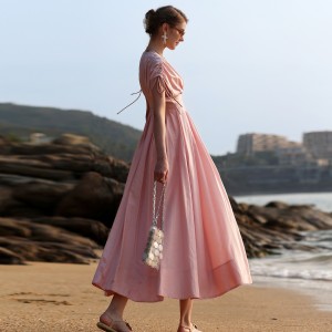 Pink nga V-Neck Tencel Linen Loose Maxi Dress