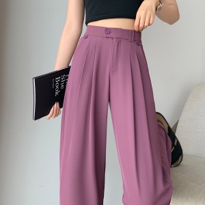 Pantalon de costume taille haute décontracté à jambes larges en soie glacée violet