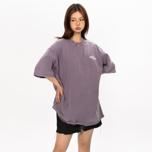 Purpursarkans brīvs vintage apdrukas T-kreklu tops ar īsām piedurknēm