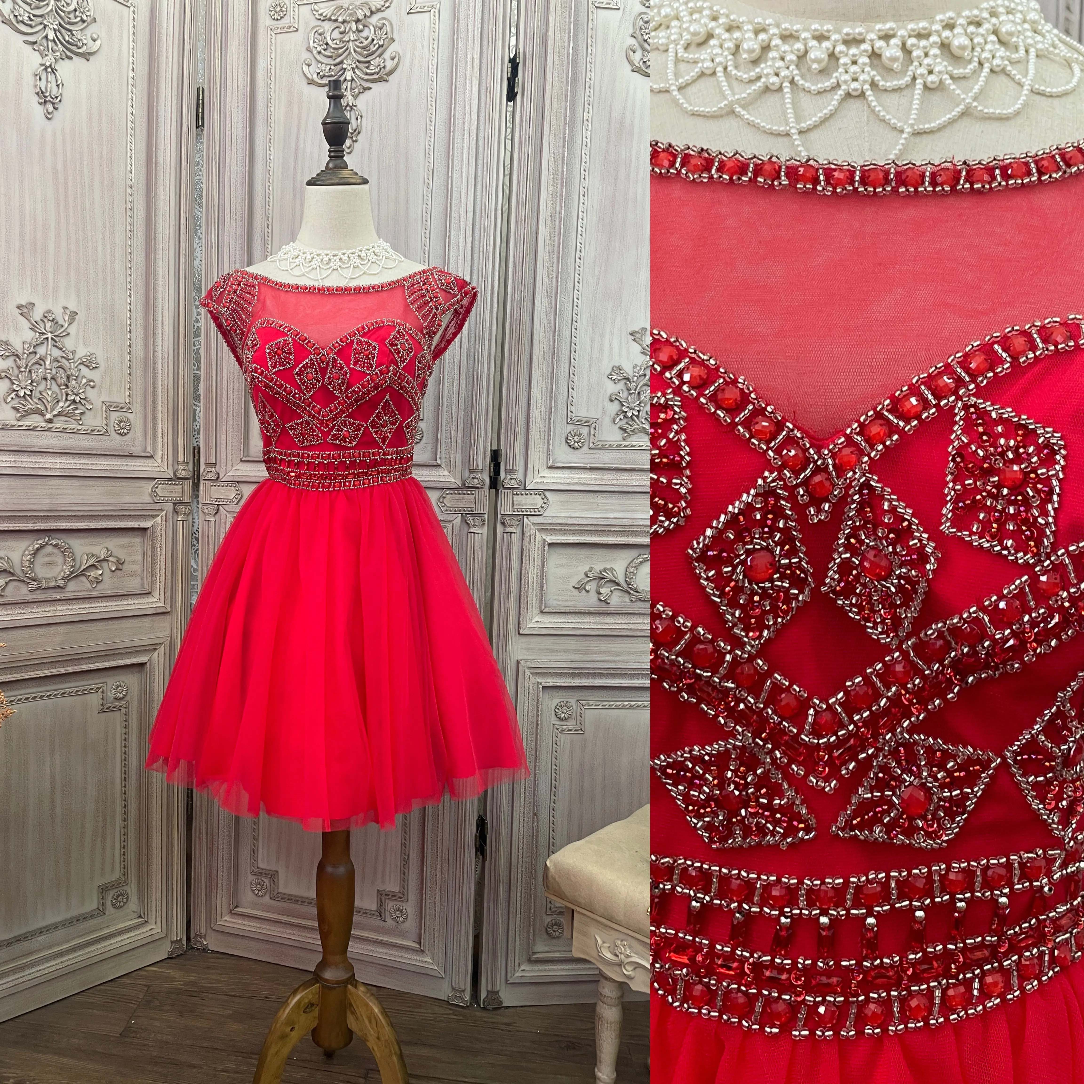 Поставщики женских платьев больших размеров из красной сетки с бисером