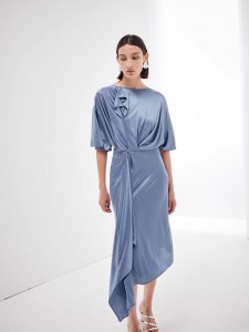 סאטן סימפל Midi אסימטרית סלסול סיטונאי שמלות נשים