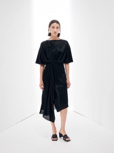 Satin Einfache Midi Asymmetrische Rüschen Großhandel Damenkleider