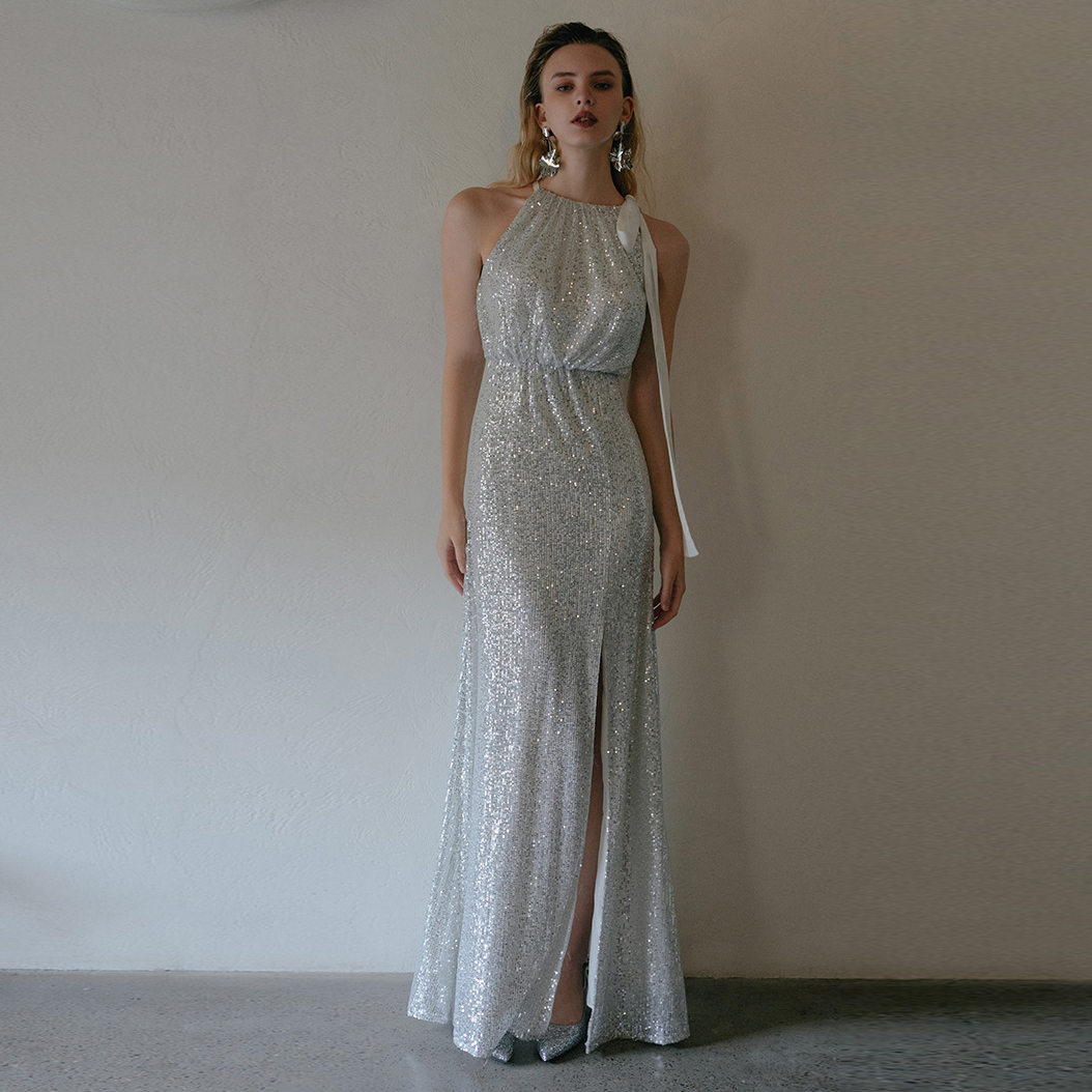 Silver Sequin Bridal Slit Long Evening Gown
