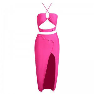 Երկու կտոր հավաքածու Pink Halter Top Strappy Wrap Skirt