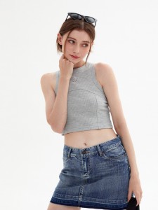 Grey Embroidered Logo Cotton Waistless Camisole Top