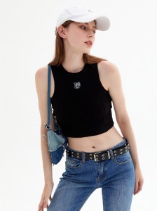 Black Embroidered Cotton Casual Camisole Top