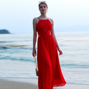 Váy Maxi Beach Beach Holiday Cami xếp li màu đỏ