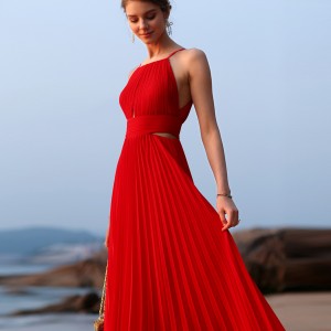Ruĝa Plidita Maxi Beach Sea Holiday Cami Dress