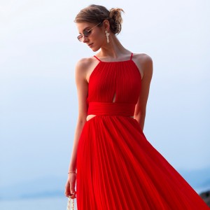 Red Pleated Maxi Beach Holiday Cami Dress