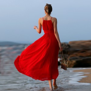 Red Pleated Maxi Beach Holiday Cami Dress