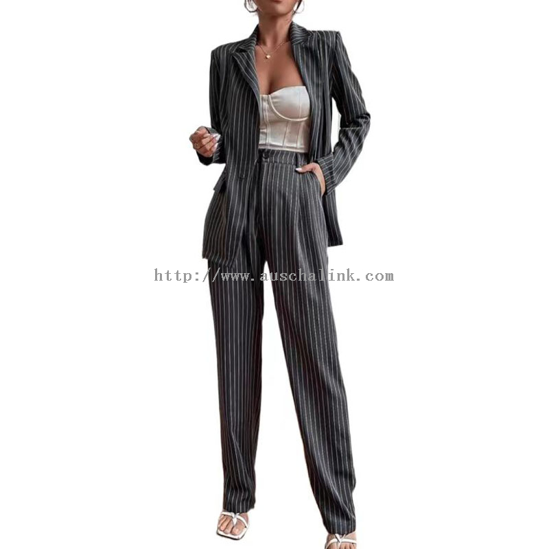 Grey Striped Blazer Suit Pants 2 Piece Set