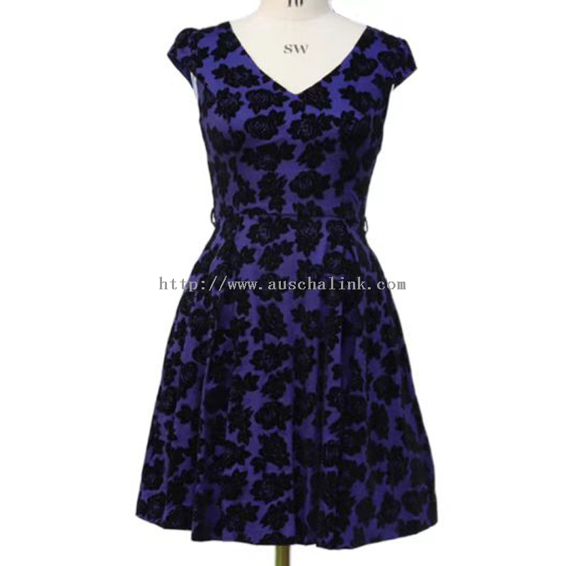 Classis Blue Velvet Print Elegans Pleated Dress