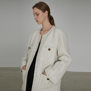 White Tweed Knitted Elegant Jacket Coat