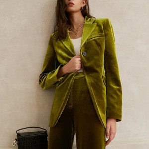 Conjunto de dos piezas con pantalones anchos verdes vintage de terciopelo para mujer