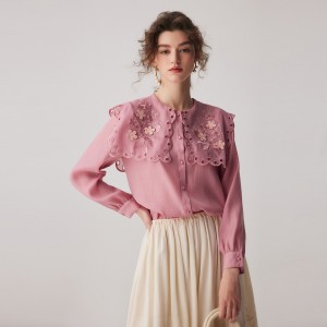 Топ со розова извезена издлабена блуза Tencel