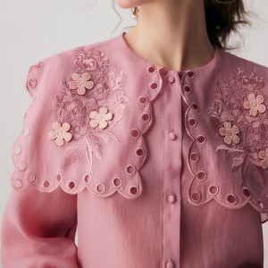 Pink Embroidered Hollowed Out Tencel Blouse Top