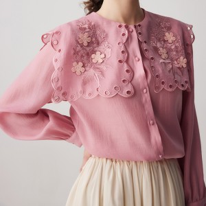 Pink Embroidered Hollowed Out Tencel Blus Top