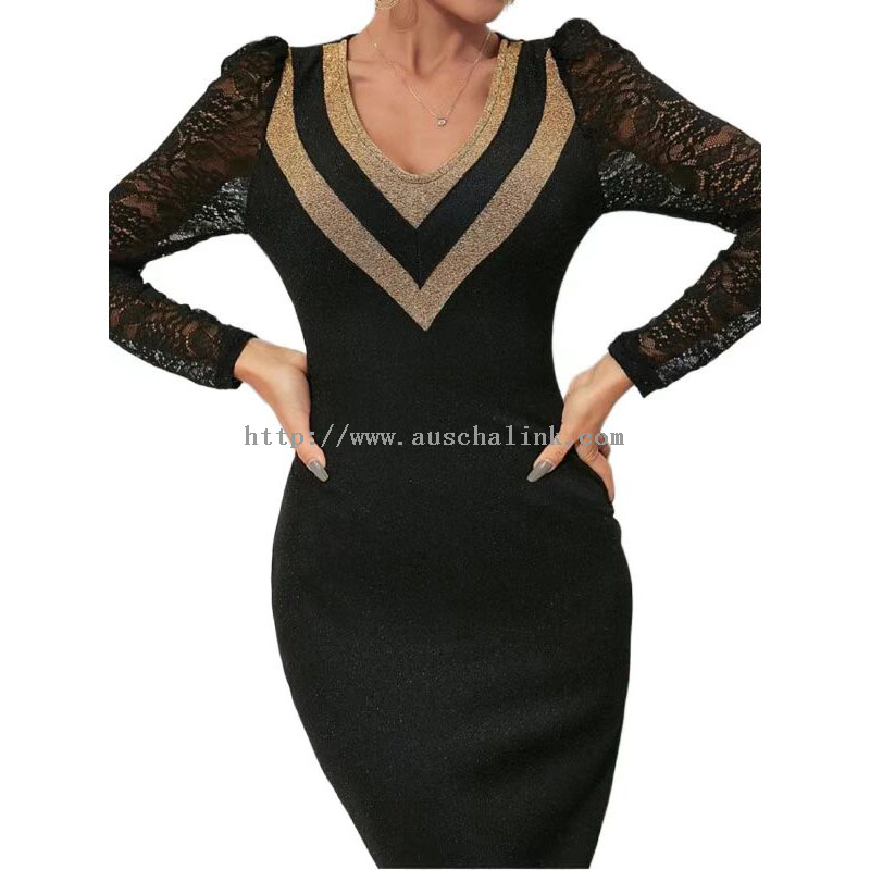Black Lace V-Neck Sequin Elegant Midi Dress
