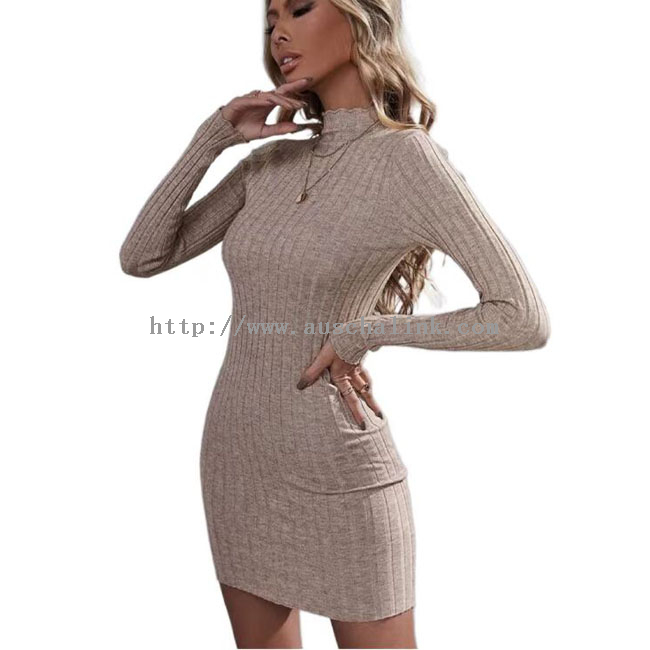 Apricot Pit-Striped Knitted Turtleneck Top Skinny Dress