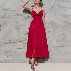 Đầm hở lưng màu đỏ cổ điển Big Swing Seaside Holiday Beach Dress