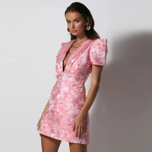 Ružové vyšívané šaty s výstrihom do V pre ženy