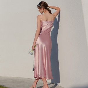 गुलाबी साटन सेक्सी स्लिट केमी ड्रेस महिला