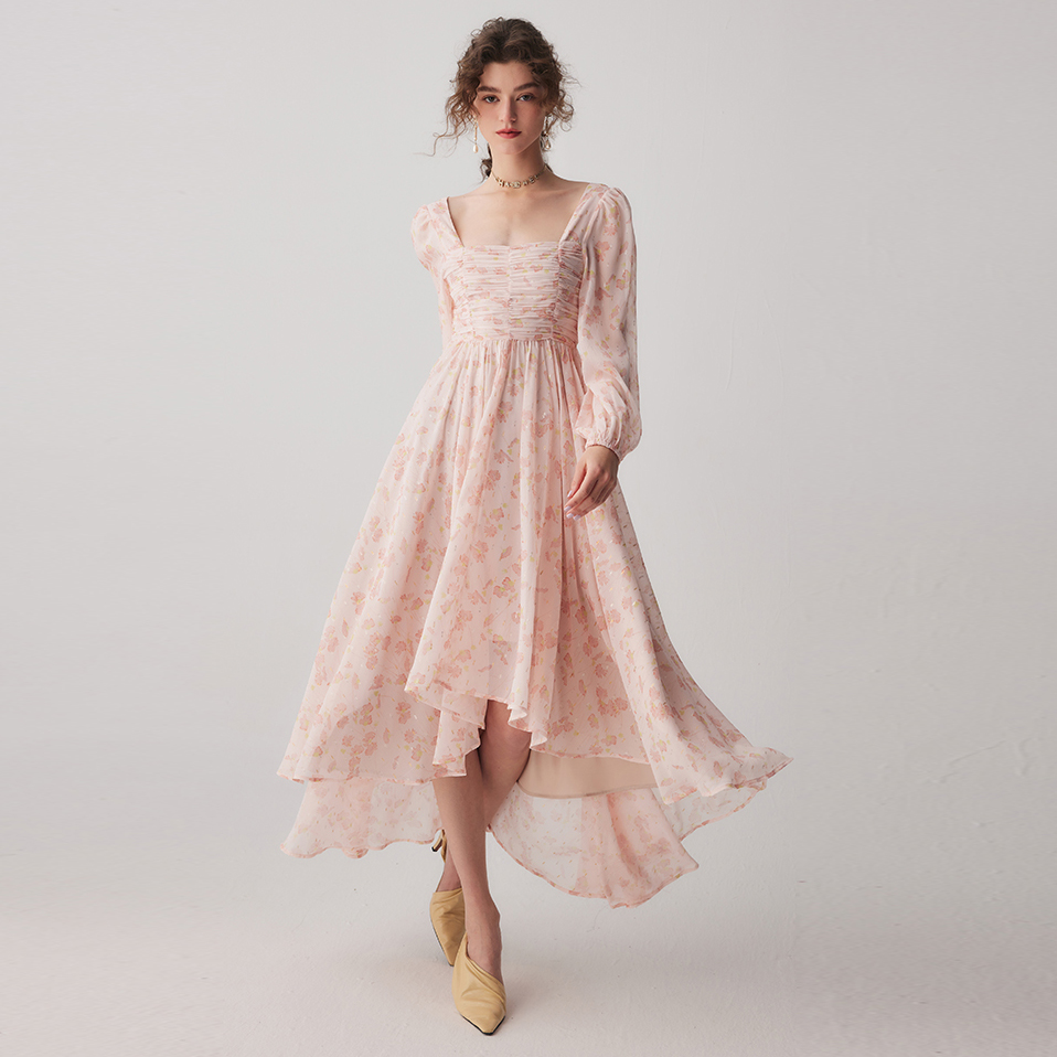 Ružičasta cvjetna šifonska casual haljina dugih rukava