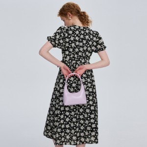 فرينچ بليڪ سمر V-Neck Slim Bubble Sleeve A-line Dress
