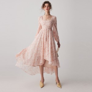 Pink Floral Chiffon Long Sleeve Casual Dress