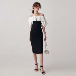 شہوانی، شہوت انگیز Strapless سیاہ سفید تصادم رنگ ہائی کمر Midi لباس