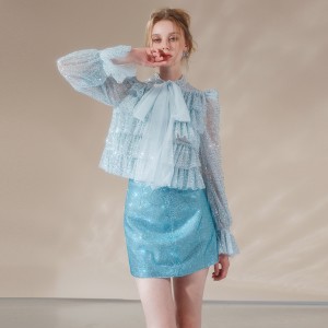 Blue Gorgeous Embroidered Beaded Romantic Pleated Shirt Short Skirt
