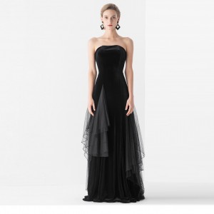 I-French Vintage Bustier Black Velvet Party Sheer Dresses