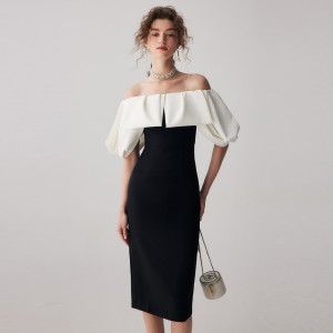 Sexy Strapless Black White Collision Color High Waist Midi Dress