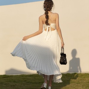 Индивидуальное пляжное плиссированное французское длинное платье на бретельках с открытой спиной, белое