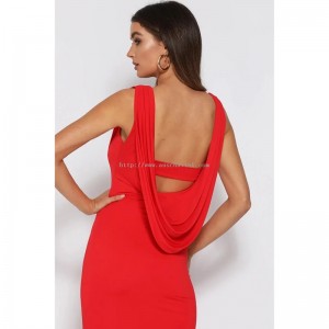 Червена секси миди рокля с V-образно деколте без гръб