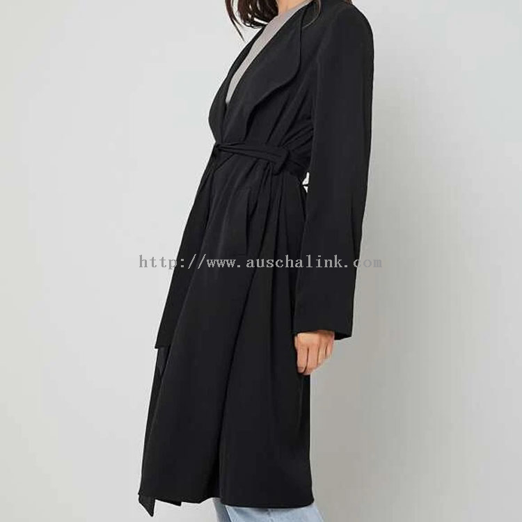 Trench-coat noir long avec col cascade et ceinture avec poches diagonales pour femme, nouvelle collection automne/hiver 2021