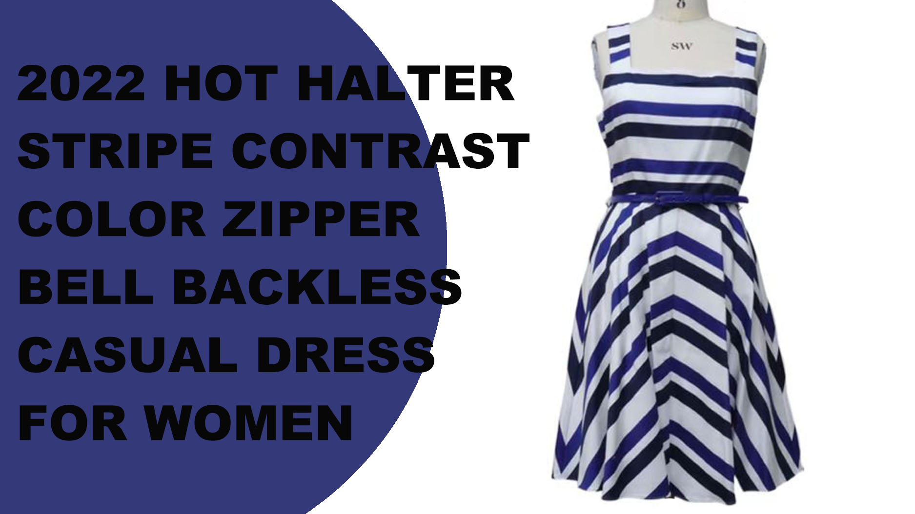 2022 महिलाओं के लिए हॉट हॉल्टर स्ट्राइप कंट्रास्ट कलर ज़िपर बेल बैकलेस कैज़ुअल ड्रेस