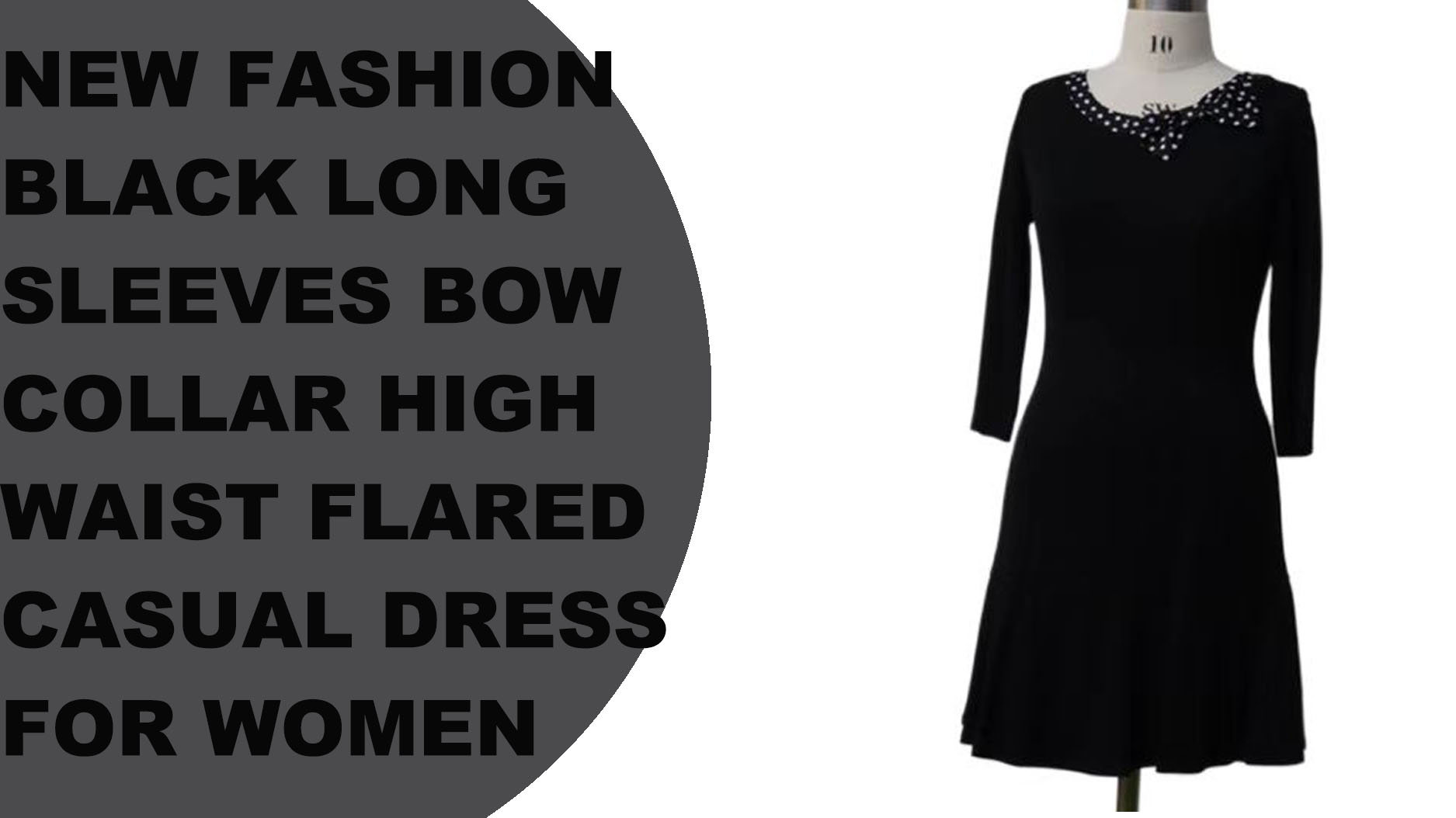 Gaun kasual berkobar pinggang tinggi kerah busur lengan panjang hitam mode baru untuk wanita