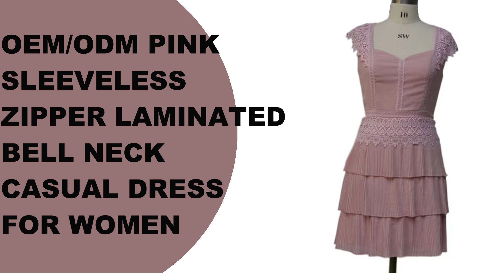 OEM/ODM ružičasta ležerna haljina bez rukava s patentnim zatvaračem i laminiranim zvonastim izrezom za žene